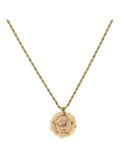 1928 Jewelry Porcelain Rose Pendant Necklace 16" + 3" Extender