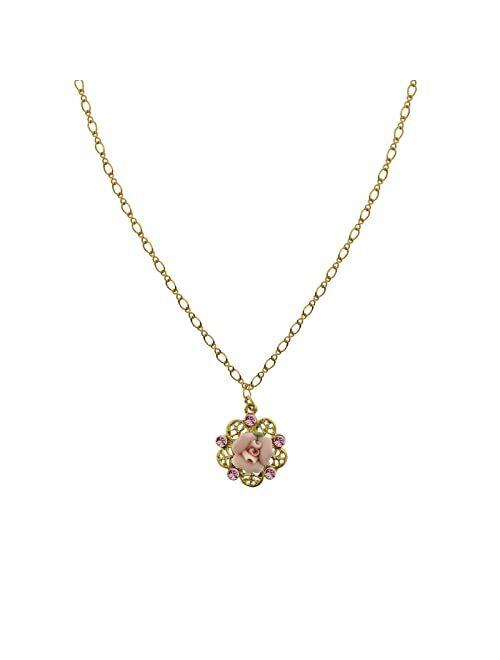 1928 Jewelry 1928 Bridal Porcelain Rose Pink Crystal Necklace,16" + 3 Inch Extender