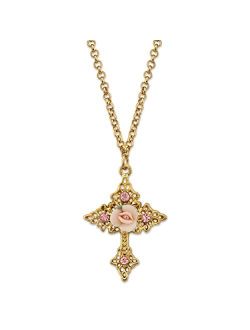 Porcelain Rose Cross Filigree Necklace 18 Inch Chain
