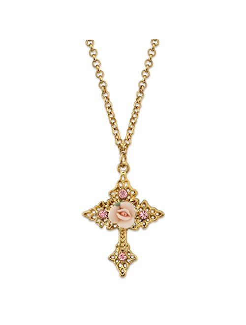 1928 Jewelry Porcelain Rose Cross Filigree Necklace 18 Inch Chain