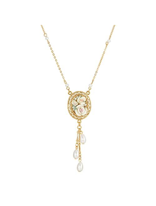 1928 Jewelry Ivory Porcelain Rose Oval Filigree Pendant Drop Necklace 16" + 3" Extender