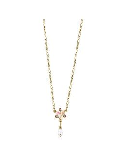 Crystal Ivory And Pink Porcelain Rose Costume Pearl Necklace 16"   3" Extender