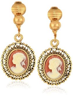 Women's Brass Faux Cameo Oval Clip Earrings, Orange, One Size