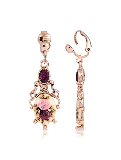 1928 Jewelry Manor House Floral Stone & Purple Crystal Dangle Earrings