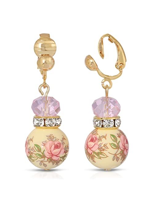 1928 Jewelry Pink Floral Decal Beaded Drop Earrings