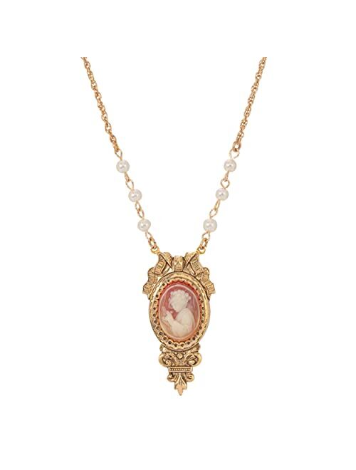 1928 Jewelry Carnelian Orange Cameo Fashion Pearl Pendant Necklace 18 Inch