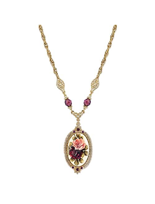 1928 Jewelry Manor House Rose Pendant Amethyst Crystal Pendant Necklace 16" + 3" Extender