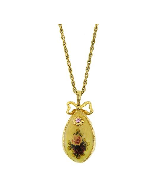 1928 Jewelry "Manor House" Pink And Purple Rose Faberge Style Egg Pendant Necklace, 36"