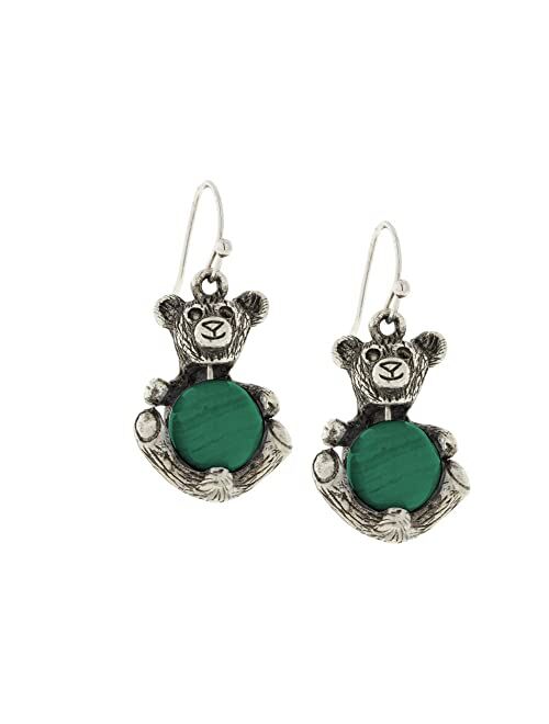 1928 Jewelry Women'S Pewter Round Semi Precious Green Malachite Teddy Bear Wire Earrings, Green, One Size