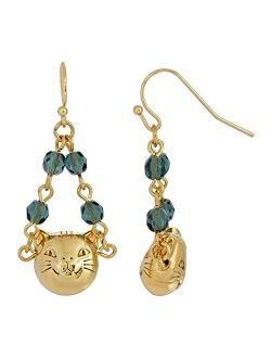 14K Gold Dipped Cat Face With Blue Beaded Chain Drop Wire Earrings