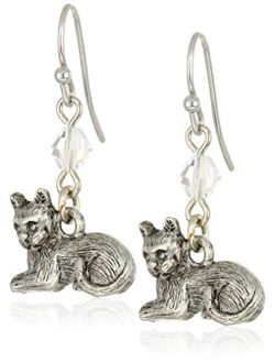 Women's Pewter Cat Wire Earrings, Silver, One Size