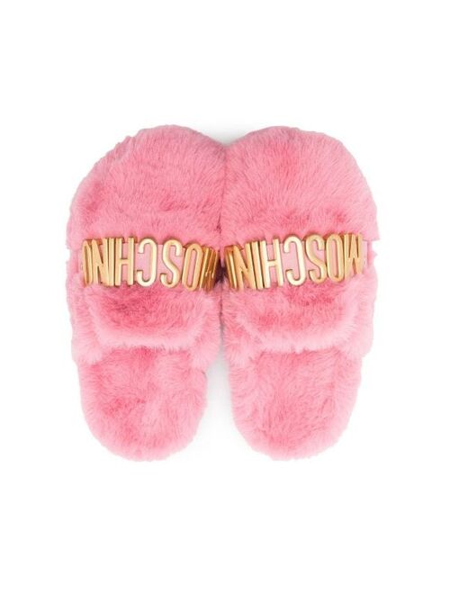 Moschino Kids logo-plaque faux-fur slippers