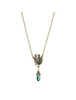 Art Nouveau Style Blue Iridescent AB Drop Pendant Necklace 16"   3" Extender