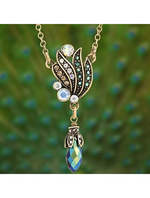 1928 Jewelry Art Nouveau Style Blue Iridescent AB Drop Pendant Necklace 16" + 3" Extender