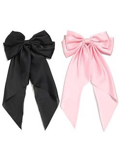 Furling Pompoms Pack of 2 Big Bow Hair Barrette Clips Soft Satin Silky Bowknot with long Tail French Barrette Hair Clip Hair Scrunchie Cute Gifts for Women Girls Black Pi
