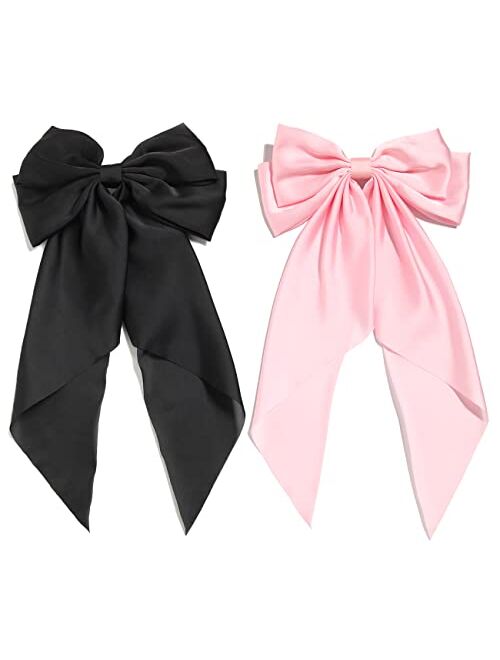 Furling Pompoms Pack of 2 Big Bow Hair Barrette Clips Soft Satin Silky Bowknot with long Tail French Barrette Hair Clip Hair Scrunchie Cute Gifts for Women Girls Black Pi