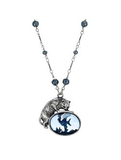 Women's Pesky Cat and Blue Fish Crystal Accent Pendant Necklace 30 Inches