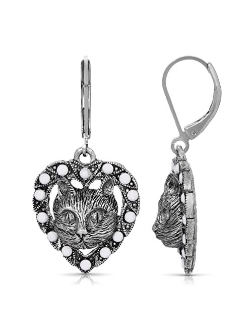 1928 Jewelry Women's Cat & Heart White Crystal Lever Back Earrings