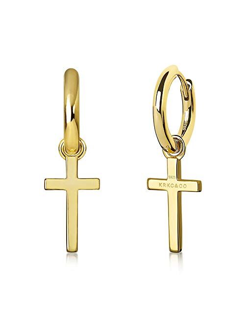 KRKC&CO KEEP REAL KEEP CHAMPION KRKC&CO Gold Hoop Earrings for Men, Sterling Silver Cross Earrings, Dangle Earrings, Hypoallergenic Urban Street-wear 15mm Round Gold Hoop