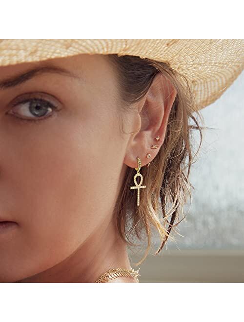 GEMOSA 2 Pairs Cross Hoop Earrings Dangle 14K Gold Silver Plated Dangling Iced Out Small 5A+ Cubic Zirconia Pave CZ Huggie Drop Post Earring for Men Women Boy Jewelry GIF