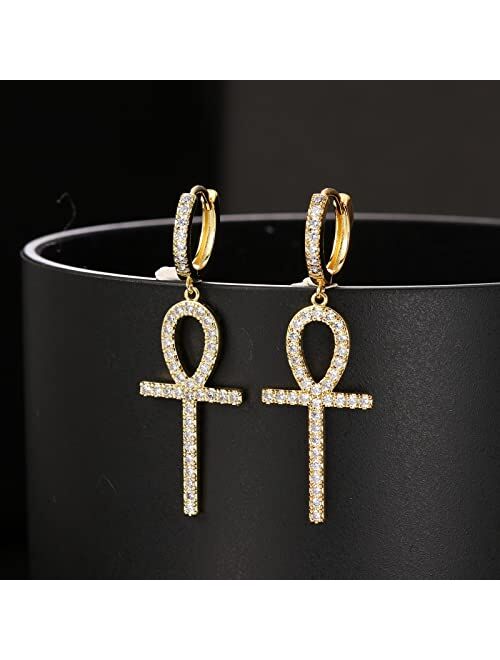 GEMOSA 2 Pairs Cross Hoop Earrings Dangle 14K Gold Silver Plated Dangling Iced Out Small 5A+ Cubic Zirconia Pave CZ Huggie Drop Post Earring for Men Women Boy Jewelry GIF