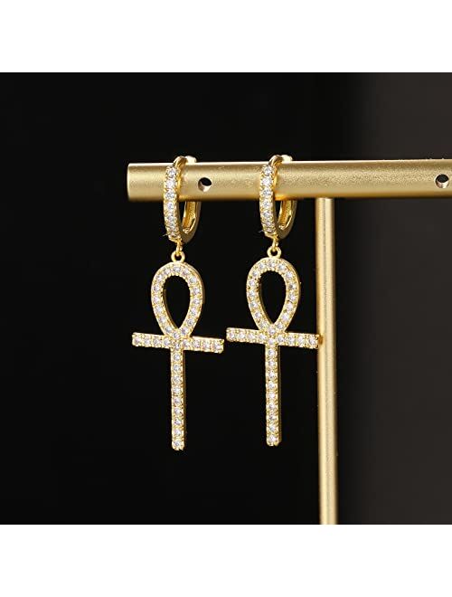 GEMOSA 2 Pairs Cross Hoop Earrings Dangle 14K Gold Silver Plated Dangling Iced Out Small 5A+ Cubic Zirconia Pave CZ Huggie Drop Post Earring for Men Women Boy Jewelry GIF