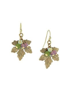 14K Gold Dipped Grape Leaf Drop Earrings With Multi-Color Bead Accents, Wine Jewelry