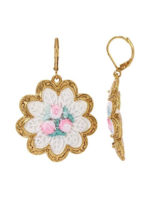 1928 Jewelry Knit Doily Pink Rose Flower Drop Earrings