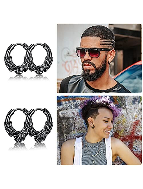 SAILIMUE 8Pairs Surgical Stainless Steel Huggie Hoop Earrings For Men Women Hypoallergenic Punk Hip Hop Cool Goth Earrings Black Silver Vintage Feather Triangles Sword Dr