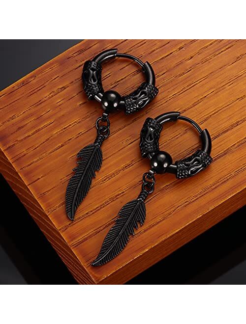 SAILIMUE 8Pairs Surgical Stainless Steel Huggie Hoop Earrings For Men Women Hypoallergenic Punk Hip Hop Cool Goth Earrings Black Silver Vintage Feather Triangles Sword Dr