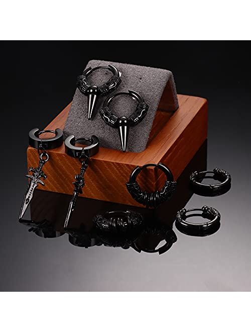 SAILIMUE 8Pairs Surgical Stainless Steel Huggie Hoop Earrings For Men Women Hypoallergenic Punk Hip Hop Cool Goth Earrings Black Silver Vintage Feather Triangles Sword Dr