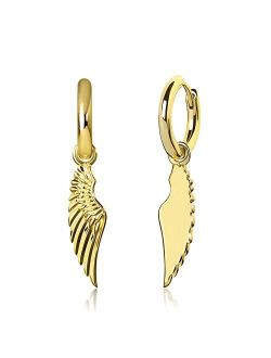 HELLOICE Angel Wings Earrings 18K Gold/White Gold Plated Dangle Earrings Drop Hook Earrings 15mm Round Gold Hoop Dangling Earrings for Men and Women Dating Party