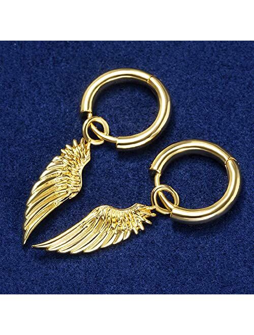 HELLOICE Angel Wings Earrings 18K Gold/White Gold Plated Dangle Earrings Drop Hook Earrings 15mm Round Gold Hoop Dangling Earrings for Men and Women Dating Party