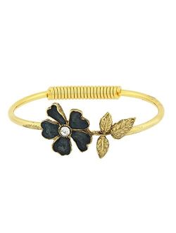 Gold Tone Enamel Flower and Crystal Accent Spring Hinge Cuff Bracelet