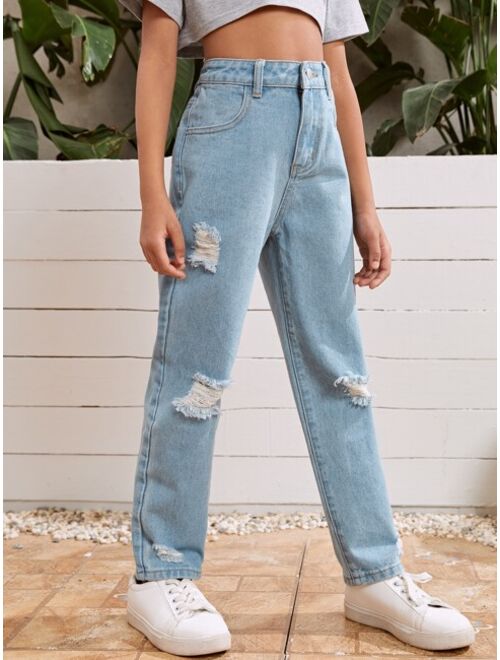 SHEIN Girls Button Waist Ripped Straight Leg Jeans