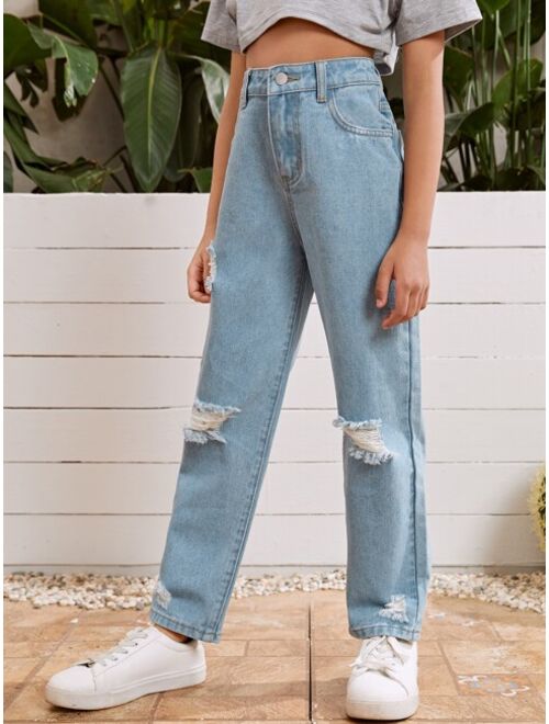 SHEIN Girls Button Waist Ripped Straight Leg Jeans