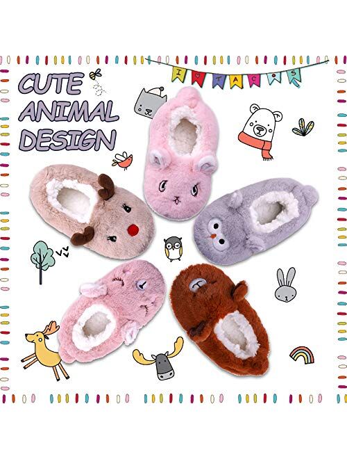 FANZERO Toddler Kids Girls Boys Cute Cartoon Animal Soft Warm Plush Lining Non-Slip Slippers Winter House Shoes