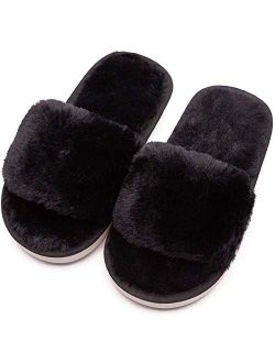 Techcity Boys Girls Fuzzy House Slippers Cute Comfy Faux Fur Slip On Fluffy Plush Open Toe Home Slides for Kids Indoor Outdoor Warm Shoes