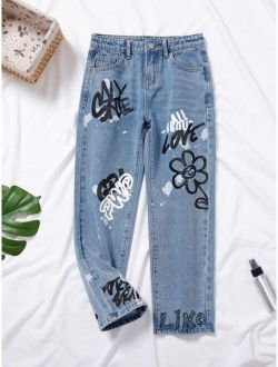 Girls Slogan & Floral Print Jeans