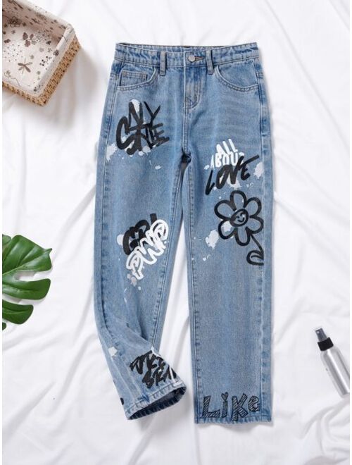 Shein Girls Slogan & Floral Print Jeans