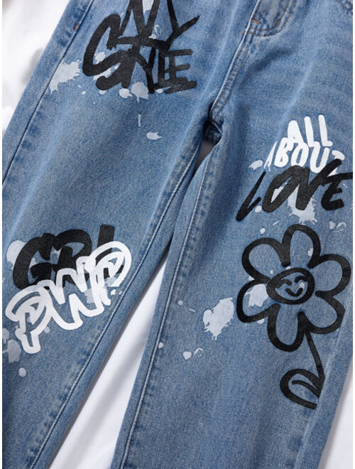 Shein Girls Slogan & Floral Print Jeans