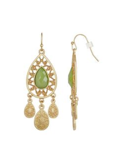 1928 Gold Tone Green Teardrop Filigree Drop Earrings
