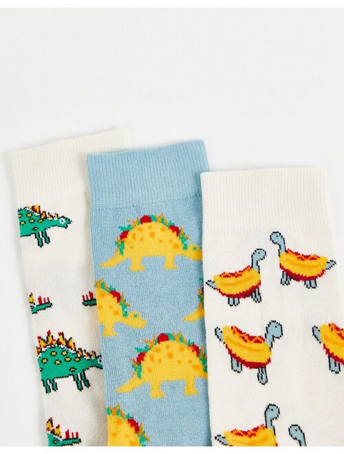 ASOS DESIGN 3 pack ankle socks with food dinosaur pattern