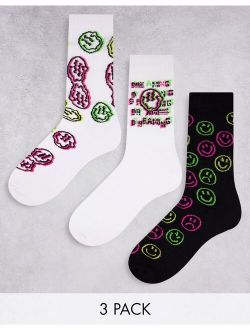 3 pack neon smiley face sports socks