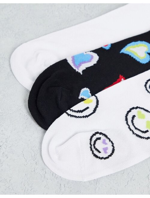 ASOS DESIGN 3-pack heart and smile ankle socks in white and black