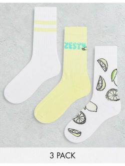 3 pack athletic socks with lemon print