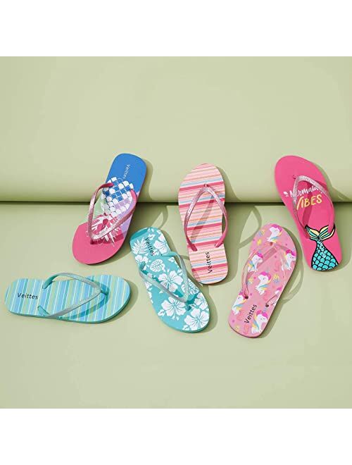Veittes Kid's Girl Flip Flops, Little/Big Girls Slip On Beach Thong Sandals with Mermaid Pineapple Pattern for Younger Older Children.