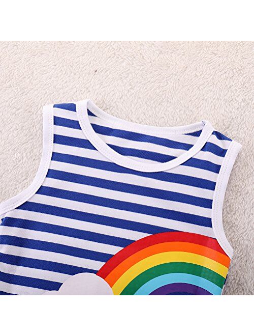 DEFAHN Toddler Baby Girls T-Shirt Rainbown Striped Printed Top Dress, 2Pcs Twins Sisters Matching Clothes Outfit