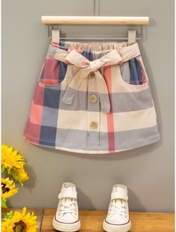 Toddler Girls Plaid Fake Button Belted Skirt