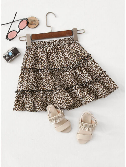SHEIN Girls Frill Trim Leopard Print Skirt